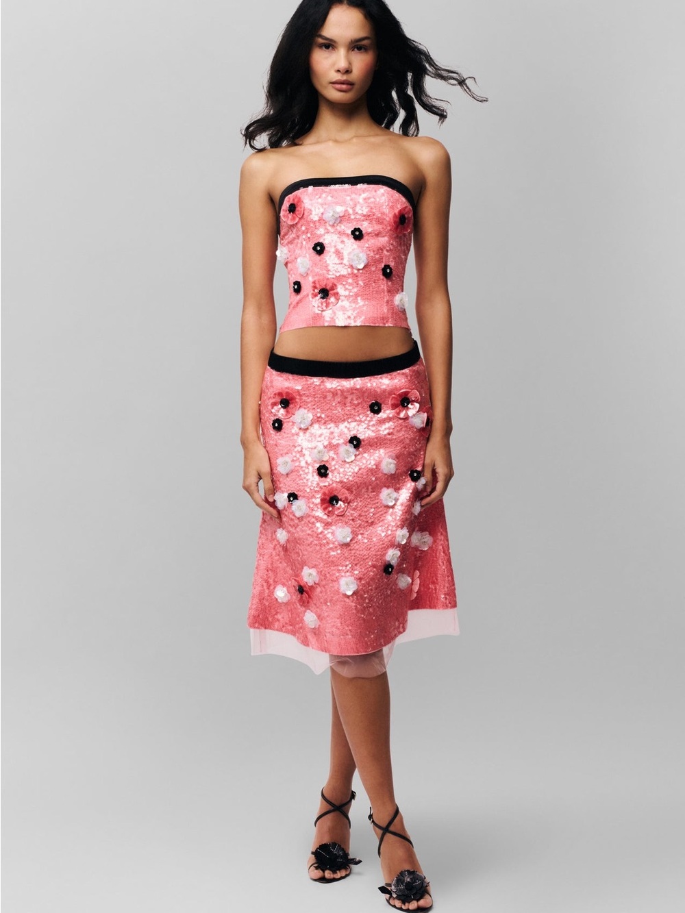 GUIZIO Pink Floral Sequin Ambroise Midi Skirt